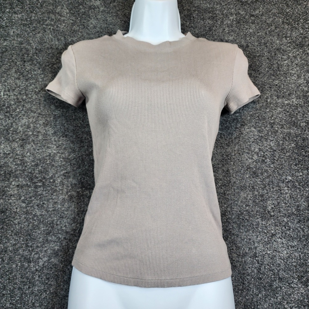 Theory Womens Ribbed Knit Minimalist Short Sleeve Crewneck Tee Taupe Size S